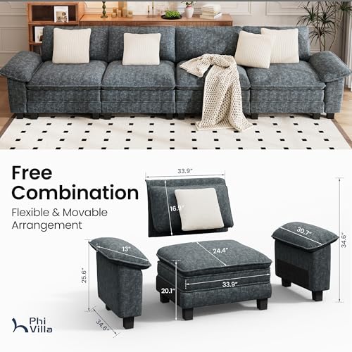 Image of PHI VILLA Cloud Modular Couches Sets, 157.5 inch Sectional Sofa with Upholstered Deep Seat, 4-Seater Long Couches for Living Room Apartment, Chenille Fabric, Dark Cyan