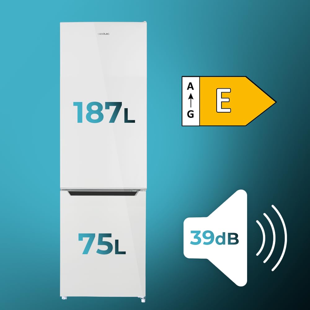 Cecotec Frigorífico Combi de 262 Litros Bolero CoolMarket Combi 262 White E PureFresh Kit. 176 cm de Alto, 54 cm de Ancho, Bajo Consumo, LED Interior, Puertas Reversibles, Control Electrónico