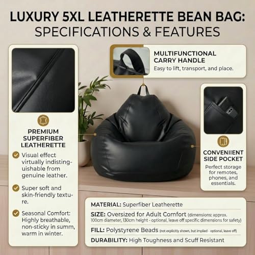 Image of KAM'S LIEU Bean Bag Chair with Footrest & Cushion | Pre-Filled Beans | PVC Leatherette Lounger Sofa | Indoor & Outdoor Bean Bag | 6 Months Warranty Size & Color- (Black, XXXXXL, Premium)