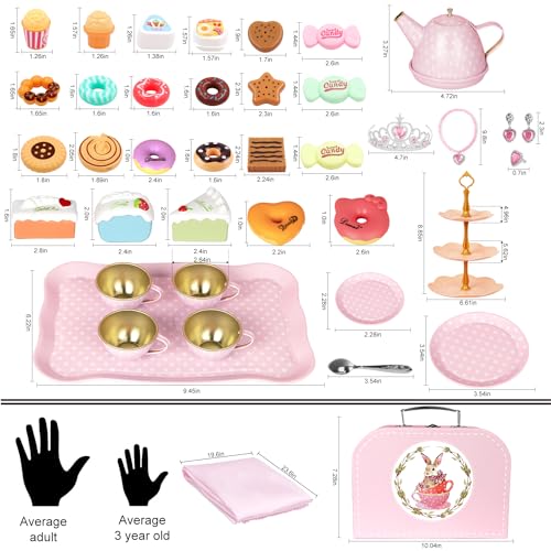 Tea Party Set for Little Girls, 49PCS Princess Tea Time Toys Including Tea Set Dessert Carrying Case, Kids Kitchen Pretend Playset, Tea Set for Girls Birthday Toddler Age 3-8, Pink