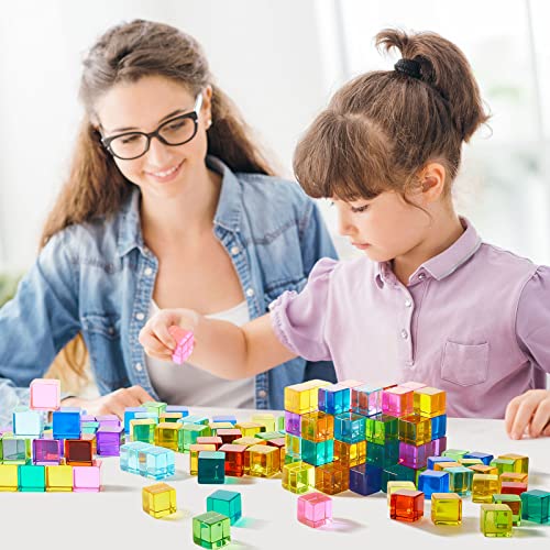 Image of Meooeck 100 Pcs Colored Acrylic Gem Cube Blocks, Translucent Rainbow Building Stacking Sensory Train Toy with Wooden Storage Box for Toddler Kid Montessori School Classroom (Cube)