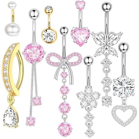 TIANCI FBYJS 9pcs Belly Button Ring Dangle Surgical Stainless Steel 14G Hypoallergenic Belly Rings Clicker Hoop Cute Pink Heart Butterfly Belly Button Piercings for Women Navel Piercings Jewelry Pack Cover