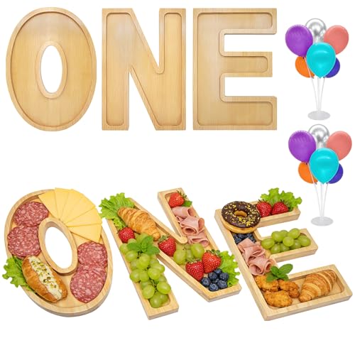 Image of 3PCS One Charcuterie Board Letters-(With 14 Balloons) Fillable Letter Food Serving Tray for Party Desserts Container Fruit Platter,Suitable for first birthdays, one-year anniversaries