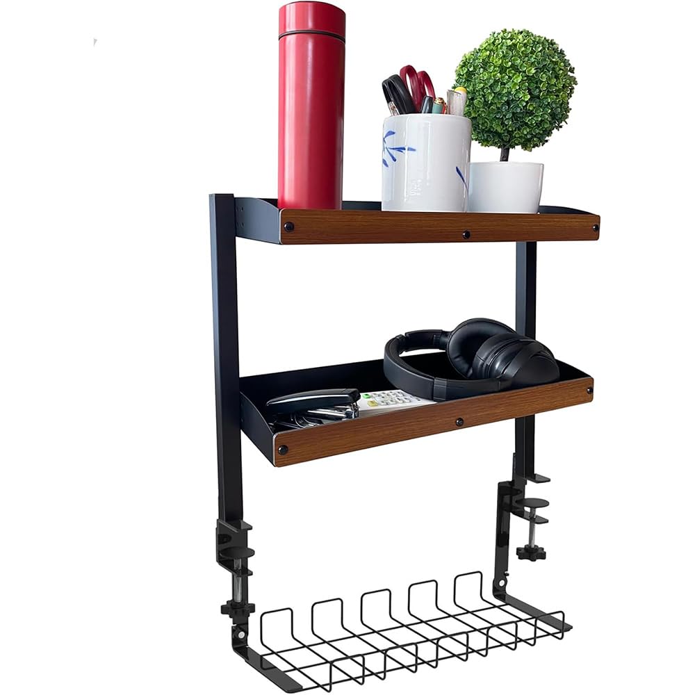 Organisateur de Bureau à Pince avec Plateau de Gestion des Câbles sous Le Bureau, Étagère de Bureau à Pince à 2 Niveaux avec Plateau de Rangement Réglable pour Accessoires de Table