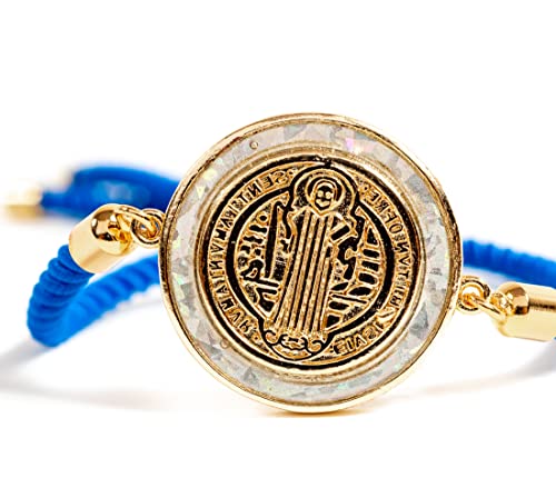 Image of Catholic Blessed Saint Benedict Medal 18K Gold Plated Bracelet Blue String Religious Jewelry