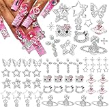 Nail Charms and Gems,KYLELOVE 48 PCS Y2K Kawaii Nail Charm 3D Silver Butterfly Star Nail Charms Rhinestone Charms for Nails Art Craft DIY Decoration
