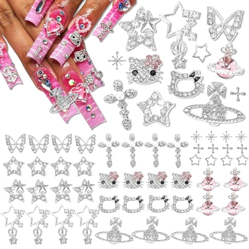 Nail Charms and Gems,KYLELOVE 48 PCS Y2K Kawaii Nail Charm 3D Silver Butterfly Star Nail Charms Rhinestone Charms for Nails Art Craft DIY Decoration