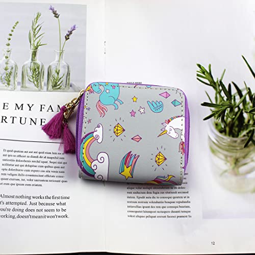 timlee Unicorn Wallet Cute Rainbow Unicorn Design Short Wallets for Girls Women with Tassels (Grey unicorn 0115)2