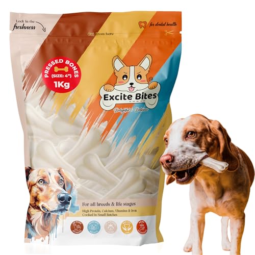 Image of EXCITE BITES Pressed Rawhide Bones for Dogs Treats | Calcium Bone Dog Chewing Needs | 4 Inch Calcium Bone Treat for All Dogs | Dog Chew Bone Mega Pack (Size 4 inch) (1Kg Pack)