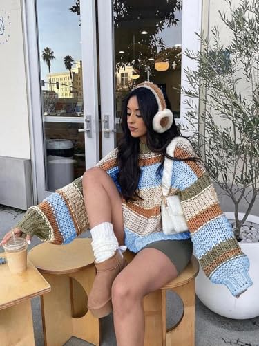 Saodimallsu Womens Color Block Sweater Striped Chunky Knit Cropped Sweaters Crewneck Fall Long Sleeve Loose Pullover Tops2