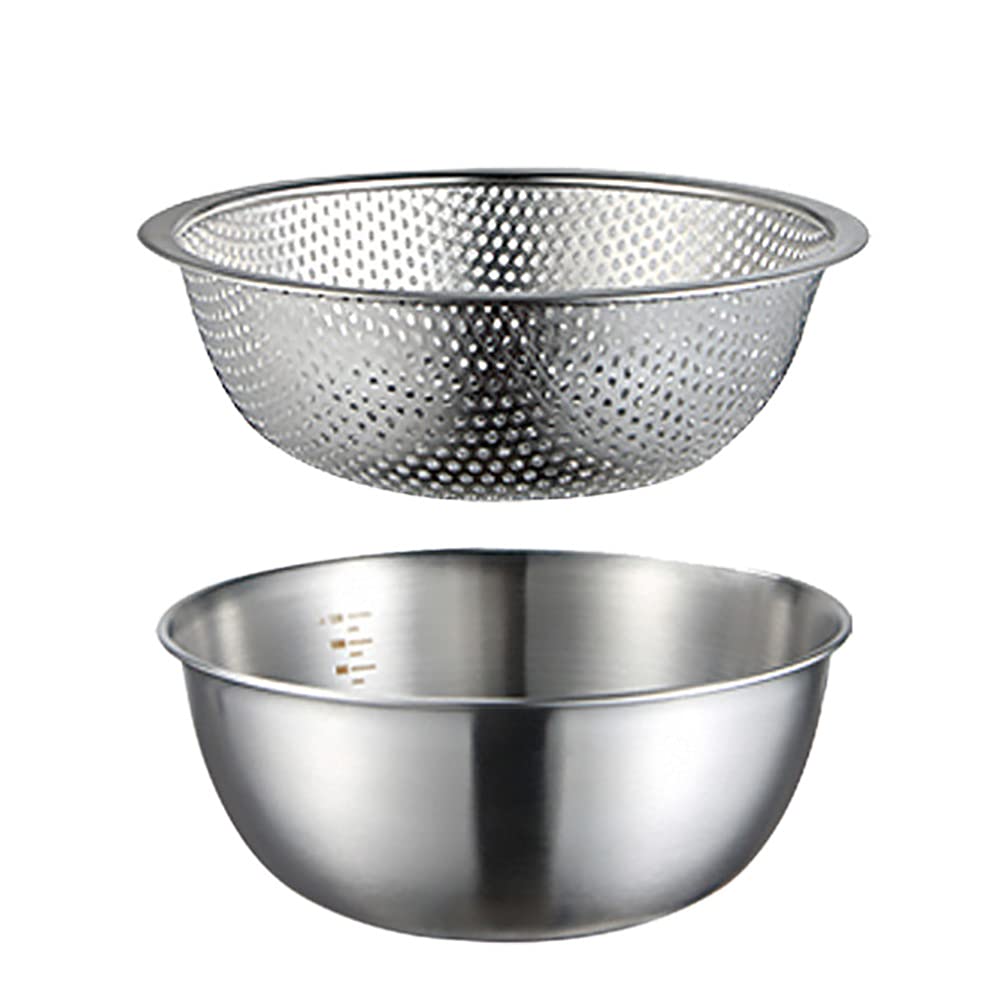Cabilock 2pcs Stainless Steel Drainage Bowls and Vegetable Washing Strainers Kitchen Basins for Efficient Food Preparation and Easy Cleaning