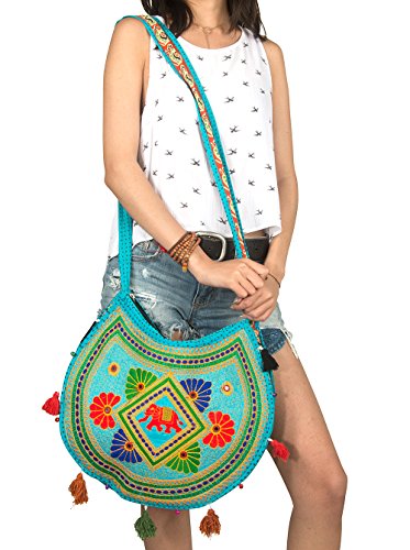 Tribe Azure Women Hippie Sling Handmade Crossbody Bag Boho Chic Patchwork Embroidered Shoulder Large Purse Gypsy Blue2