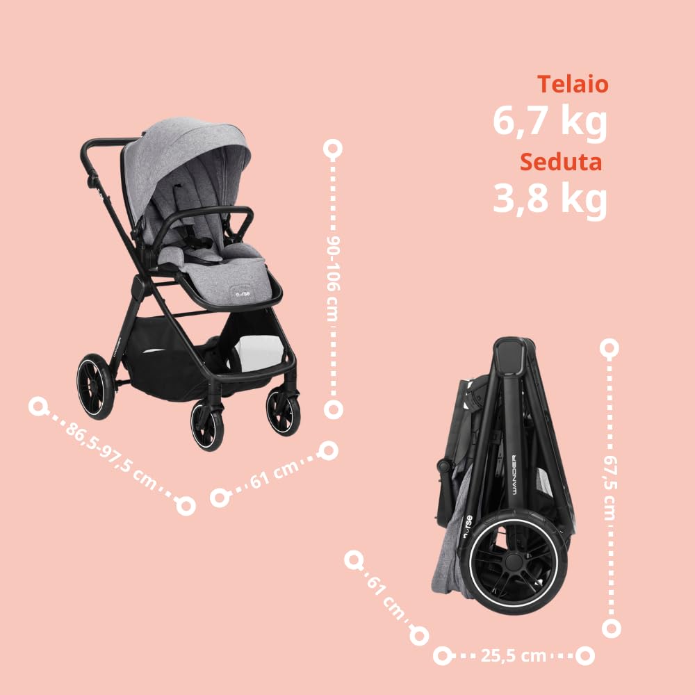 Nurse Wander Trio Carrito de Bebé 3 en 1, Capazo, Silla de Paseo y Silla de Coche i-Size, Plegado Compacto, con Accesorios, Gris