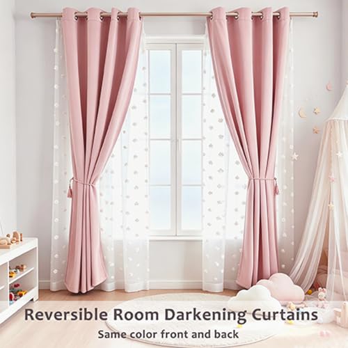Image of Pink Room Darkening Curtains for Girls Nursery Bedroom 52x54 Inch | 80% Blackout Double Layer Curtains with Pom Pom Sheer Overlay, Grommet Privacy Drapes for Toddler Bedroom Decor, 2 Panels