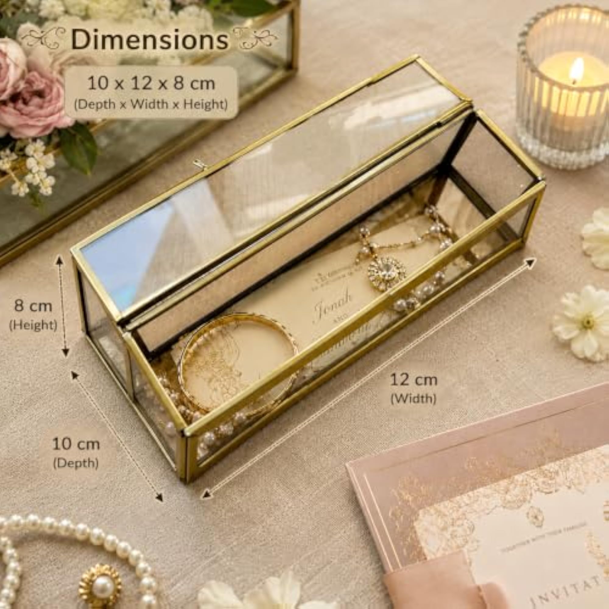Vintage Glass Box with Rectangular Brass Frame for Jewelry