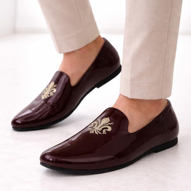 Image of FAUSTO Men's Patent Glossy Ethnic Embroidered Design Slip On Shiny Juttis & Mojaris for Party|Wedding|Festival