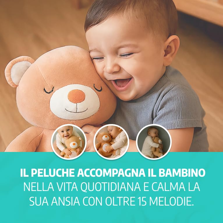 HuBorns - Peluche Musicale per Neonati con Rumori Bianchi, Proiettore Bambini con Luce Notturna per la Nanna, Modalità Rumore Bianco e 15 Canzoni Carillon, Ideale Regalo Neonato (Orso)