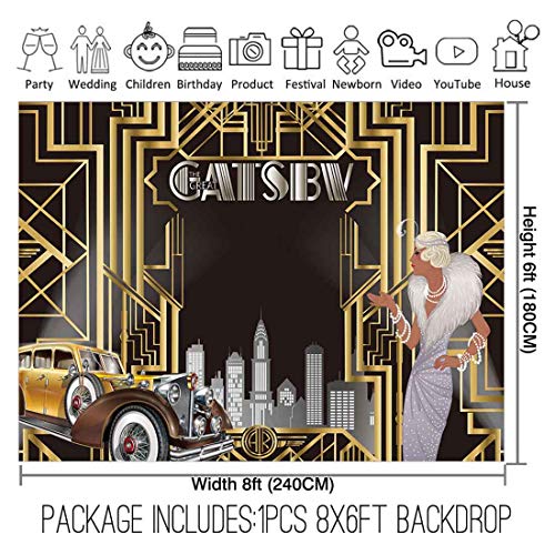 Allenjoy 8x6ft Vinyl Gatsby Themed Backdrop for Celebration Retro Roaring 20's 20s Party Art Decor Happy 1st Birthday Wedding Decoration Pictures Background Supplies Photo Booth Prop
