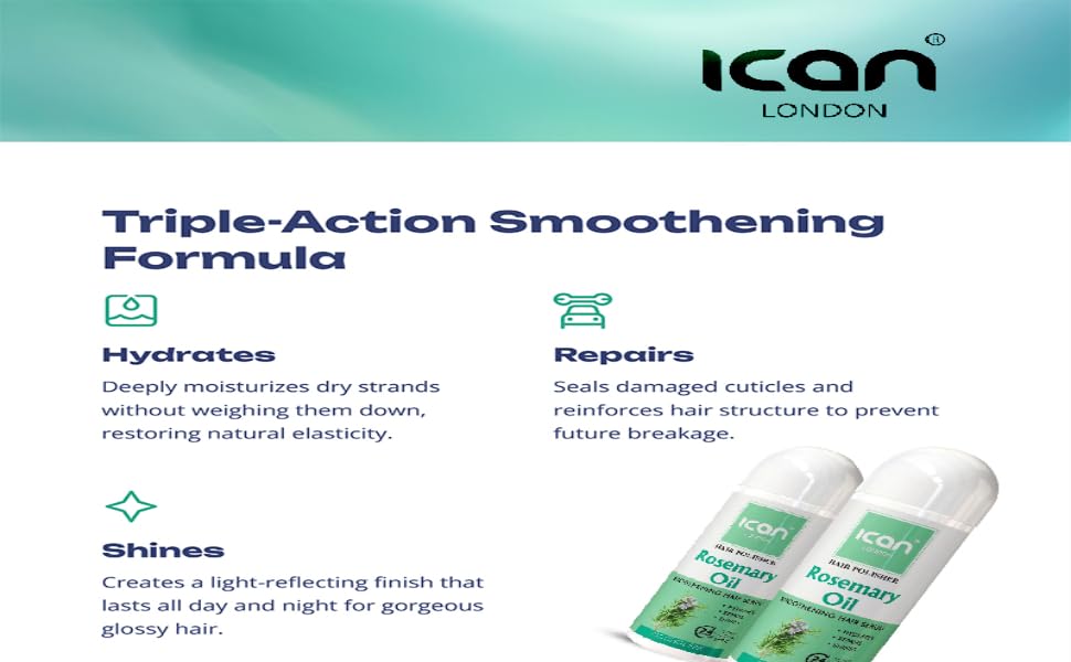 ican London Hair Polisher Rosemary Oil Smoothening Hair Serum Alcohol Free 207ml, 207 ml (Pack of 1) - Image 4