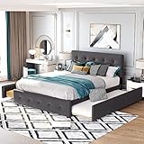 Merax Queen Size Upholstered Bed with 2 Drawers and 1 Twin XL Trundle, Dark Gray Linen Fabric Platform BedFrame with Storage for Bedroom, Guest Room