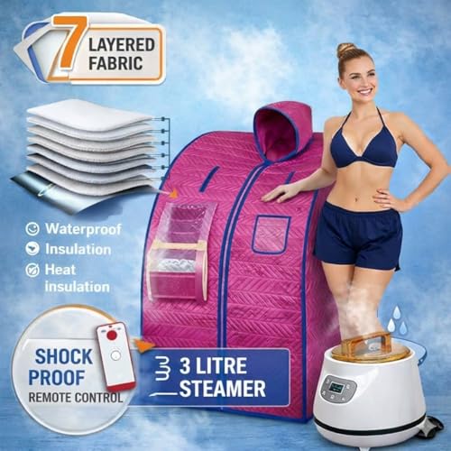 Image of Deluxe Portable Steam Bath Panchakarma Sweden Machine /Home Steam Sauna Bath with Tent | Stainless Steel 3 Litre Steamer | Remote | ISI Marked | BIS Approved (Dark Pink)