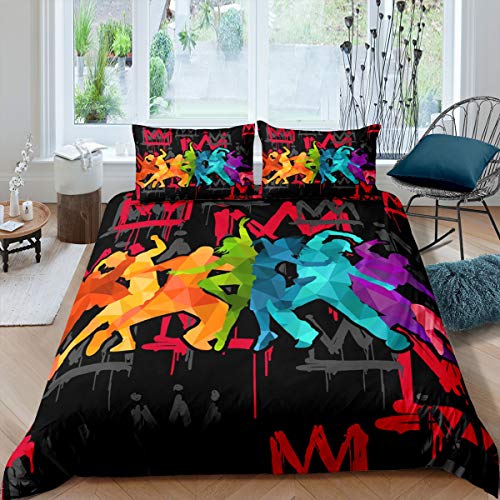 Hip Hop Bedding Set King Size Rock Music Duvet Cover Dance Party Theme Comforter Cover Set Rainbow Geometric Quilt Cover Boy Bedspread Cover Stylish Duvet Cover