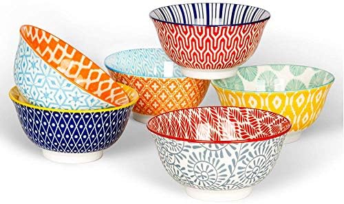 KitchenTour Ceramic Bowls Set - 20 oz Serving Bowls For Kitchen - Cereal, Ice Cream, Soup, Salad, Rice, Dessert Ceramic Bowls - Assorted Colorful Design Set of 6 - Microwave Dishwasher Safe - 6 Inch