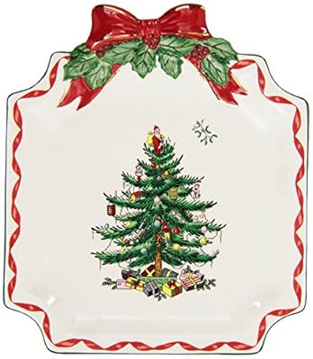 Spode Christmas Tree Ribbons Canape Plate - 6.5-Inch Holiday Serving Plate for Desserts, Appetizers, and Treats - Festive Earthenware Christmas Dinnerware with Gold Accents - Dishwasher Safe