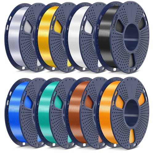 SUNLU PLA+ Filament pour imprimante 3D, lot de filaments PLAPLUS en soie 250g, filament 3D en soie lisse de 1.75mm, bobine de 250g, 8 rouleaux, noir+blanc+or clair+argent+laiton+cuivre rouge+bleu+vert