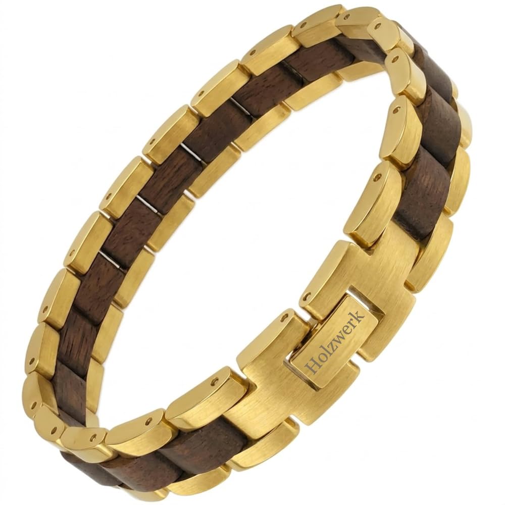 Holzwerk - Bracciale in legno naturale per uomo e donna, in legno, da uomo, colore marrone e oro, regolabile, con brevi e scatola di immagazzinaggio