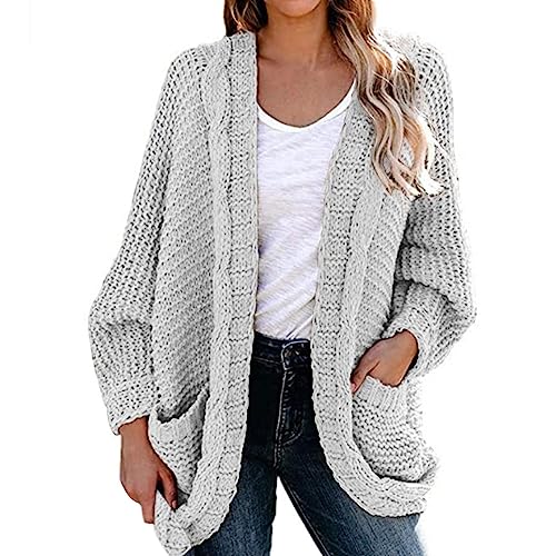 Chaqueta de punto mujer, elegante chaqueta de punto con bolsillos para mujer otoño invierno manga larga ligera cárdigan unicolor cálido punto grueso abrigo, gris, XXL