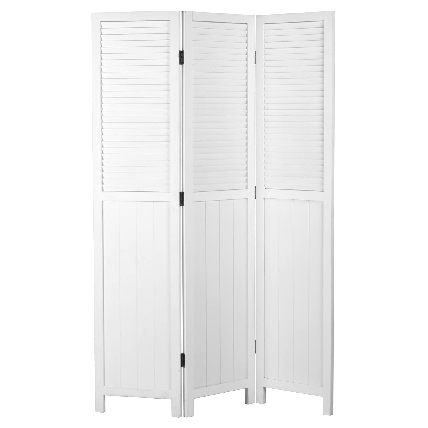 MyGift 3Panel Vintage White Louvered Wood Folding Room Divider for