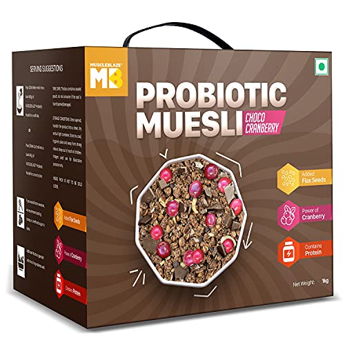 Image of MuscleBlaze Probiotic Muesli, Breakfast Cereals For Good Gut Health, Choco Cranberry, Multigrain Flakes, Antioxidant-Rich, 1 kg