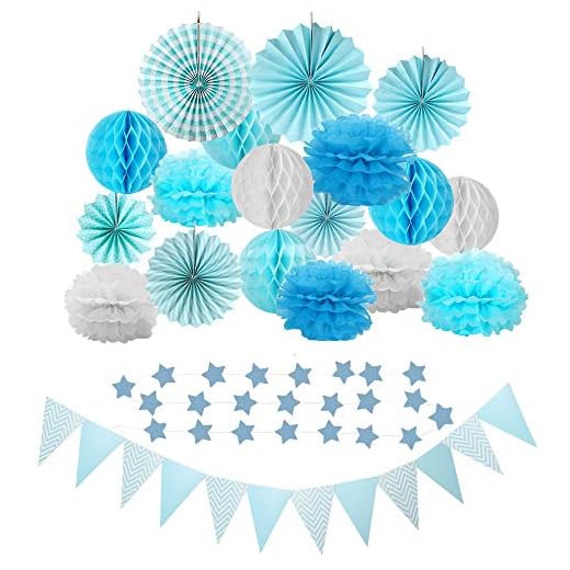 GoMaihe Decoracion Fiesta Cumpleanos, 21 Piezas, Flores de Papel Pompón Con Forma de Panal Colgando Abanico de Papel, Decoración Para Bodas Decoracion Fiesta Infantil Navidad Halloween Regalo, Azul