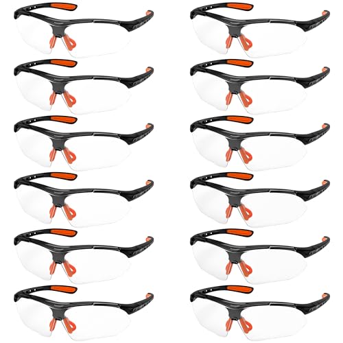 Kurtzy 12er Pack Schwarze & Orange CE-zertifizierte Sicherheitsbrillen - Klare Gläser - PSA-Schutzbrillen mit Gummibügel - Kratzfeste Augenschützer - Arbeitsschutzbrille