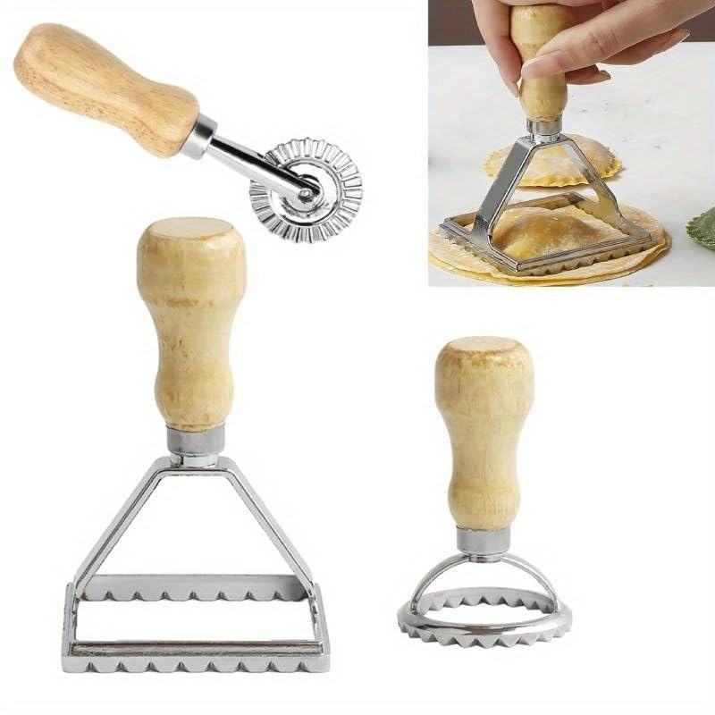 Image of HASTHIP Ravioli Stamp Maker Cutter with Roller Wheel (Set of 3), Wooden Handle and Fluted Edge, for Ravioli, Pasta, Dumplings Lasagna, Pierogis