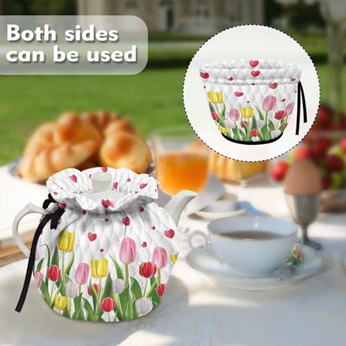 Image of Floral Tea Cozy for Teapot Small Tea Cosies Tulip Flower Design, Kitchen Tea Kettle Dust Cover Cloth Cover for Breakfast Pot Coffee Pot Protector Tabletop Decorations