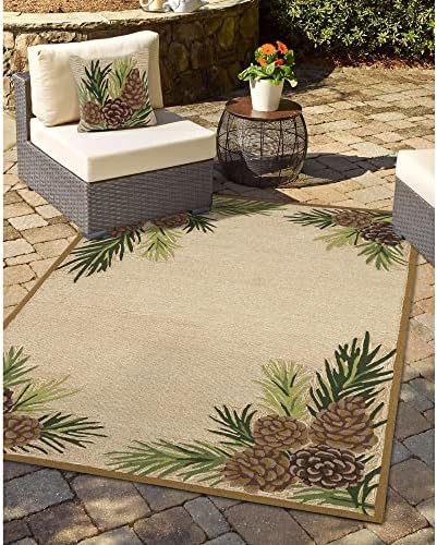 Liora Manne RAVELLA Indoor/Outdoor Hand Tufted Synthetic Blend Durable Area Rug - Transitional Border Botanical Nature Decorative (Forest Border Natural) (8'3" x 11'6")