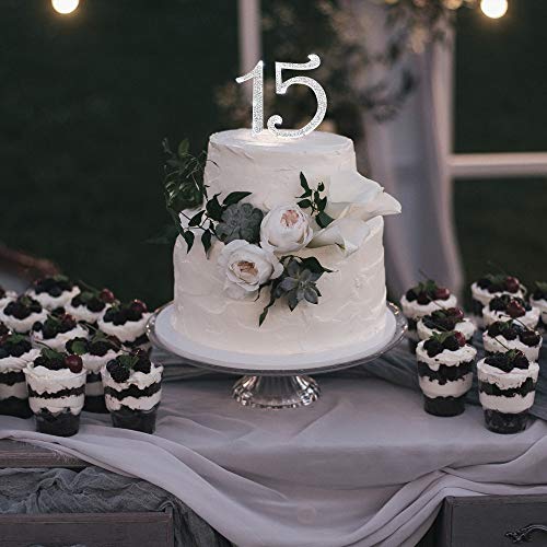15 Cake Topper, 15th Happy Birthday, Anniversary, Vow Renewal, Crystal Rhinestones on Silver Metal, Party Decorations, Favors - Thumbnail 3
