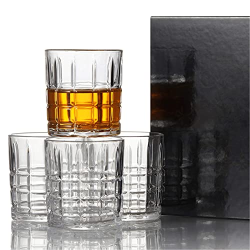 Crystal Drinking Glasses Set of 4, 11 oz Cocktail Whiskey Glass Tumblers Old Fashioned Home Bar Rocks Glass Set Gift for Men Women (Style 01)