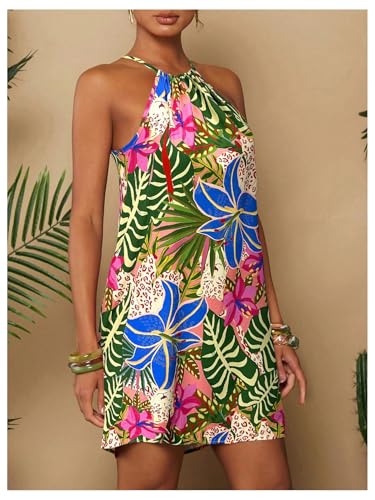 Image of SweatyRocks Women's Tropical Print Halter Dresses Sleeveless Holiday Summer Mini Dress