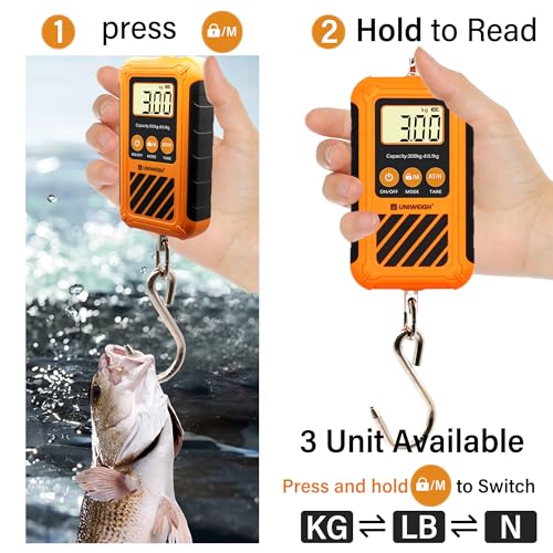 Image of UNIWEIGH Digital Hanging Scale,Mini Crane Scale 300kg /660lb with Hold&Tare | Postal Luggage Scale with LCD Display,Portable Handheld and Large Hook,Deer Scale for Garage Farms Hunting Fish Travel Hays