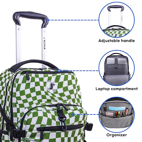 Image of J World Lunar Rolling Backpack. Laptop Bag With Wheels. Wheeled Carry-On Travel Luggage, Matcha Checkers, 19.5 x 13 x 8 Inches