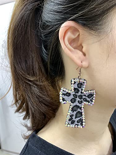 Vintage Leather Cross Dangle Earrings for Women Girls Leopard Print AB Crystal Statement Drop Dangling Hook Stud Earring Boho Lightweight Exaggerated Jewelry (Black)4