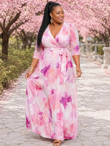 Image of Women's V Neck Floral Maxi Dress 3 /4 Sleeve Plus Size Boho Wrap Flowy Long Dresses with Belt
