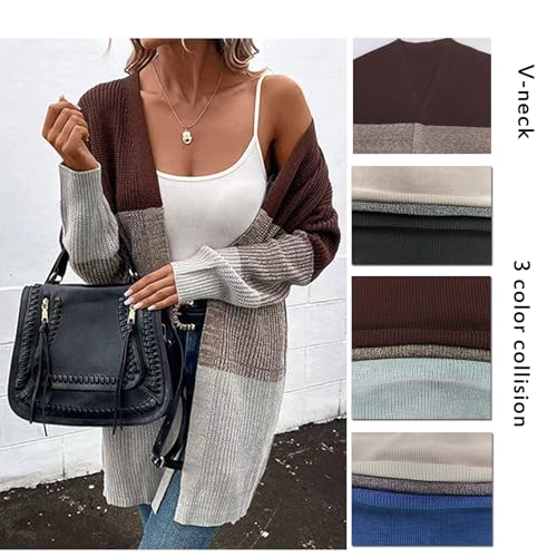 Image of Blostirno Womens Striped Long Open Cardigan Sweaters Long Sleeve Contrast Color Knitted Coat Outerwear