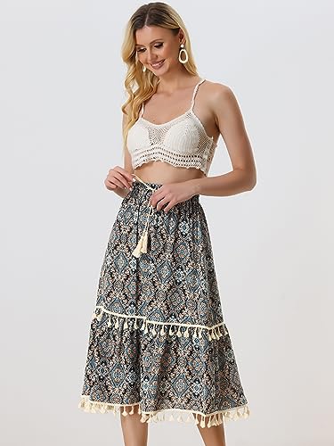 Allegra K Women's Tiered Midi Skirts Elastic Waist Tassel Fringe Boho Skirt2