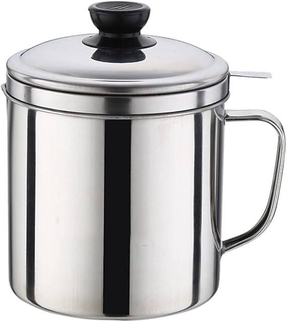 BESTonZON 1pc or Container Strainer Soup Pot Tray Kitchen Storage L Handle Silver Steel Stainless Keeper Filter and Jar Screen Oiler Drippings Bowl Oils with Oil Frying Bacon Catcher
