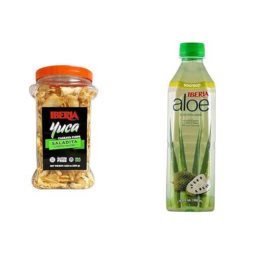 Iberia Chips de yucayuca, 8.8 onzas + bebida Iberia Aloe Vera con pulpa de aloe pura, guanábana, 16.9 onzas líquidas (paquete de 24)