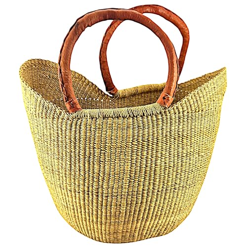 Großer Bolga Korb ca. 45 cm – Afrikanischer Einkaufskorb aus Ghana in Natürlicher Farbe mit Lederriemen – Leicht & Stabil, Handgefertigt & Fair Trade